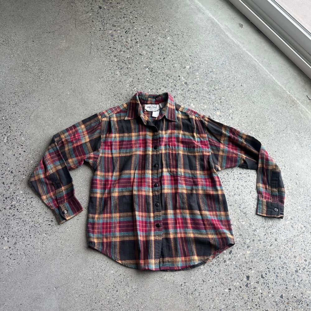 Just class women’s small flannel top red browns plaid cotton button up flannel